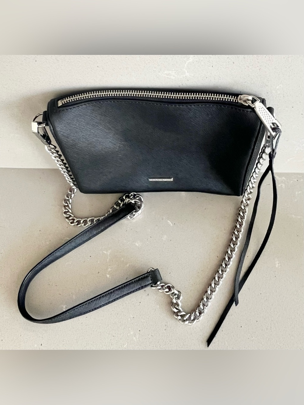 Rebecca Minkoff Avery Black Saffiano Leather Crossbody Bag Silver Hardware Chain - Picture 3 of 11